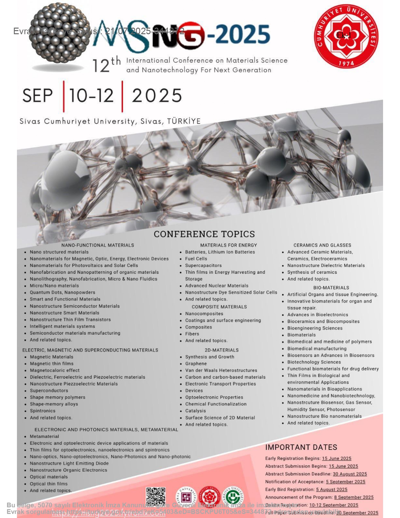 Sivas Cumhuriyet Üniversitesi MSNG2025-12. Yeni Nesil İçin Malzeme Bilimi ve Nanoteknoloji Uluslararası Konferansı